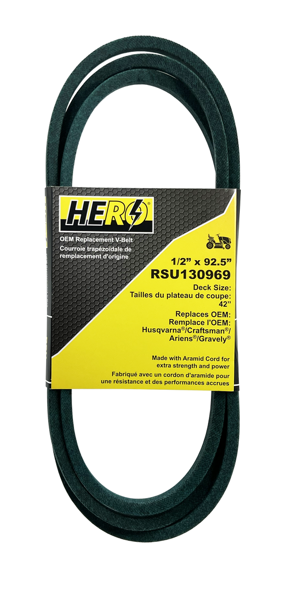 HERO OEM Aramid Kevlar Replacement Belt for John Deere, Craftsman, Husqvarna - 130969 - Fits L100, LA100, D100, LT150 - 1/2" x 92 7/16"