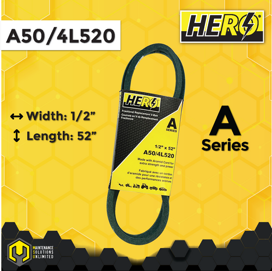 HERO® 1/2 inch x 52 inch Aramid Kevlar Lawn Mower Belt Replacement For Reference A50 4L520