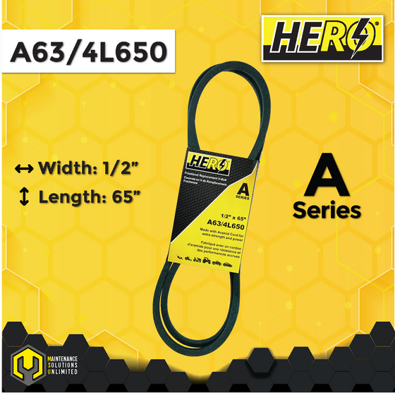 HERO® 1/2 inch x 65 inch Aramid Kevlar Lawn Mower Belt Replacement For Reference A63 4L650