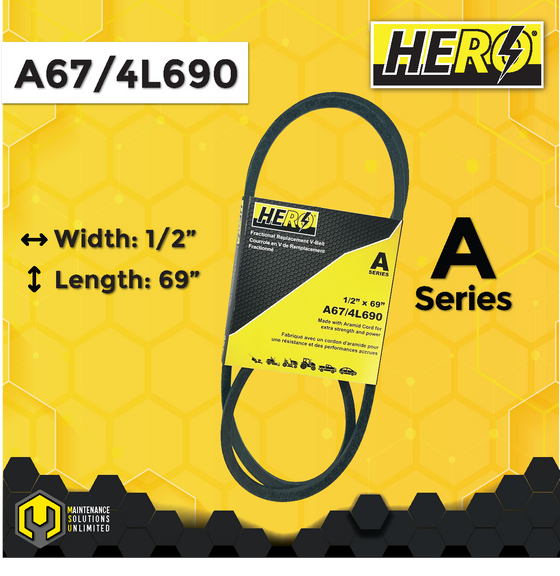 HERO® 1/2 inch x 69 inch Aramid Kevlar Lawn Mower Belt Replacement For Reference A67 4L690